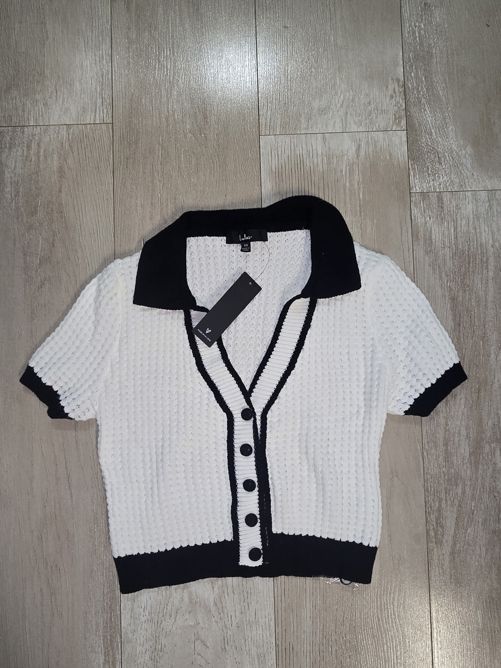 Lulu's Black Trim White Textured Knit Cropped Cardigan